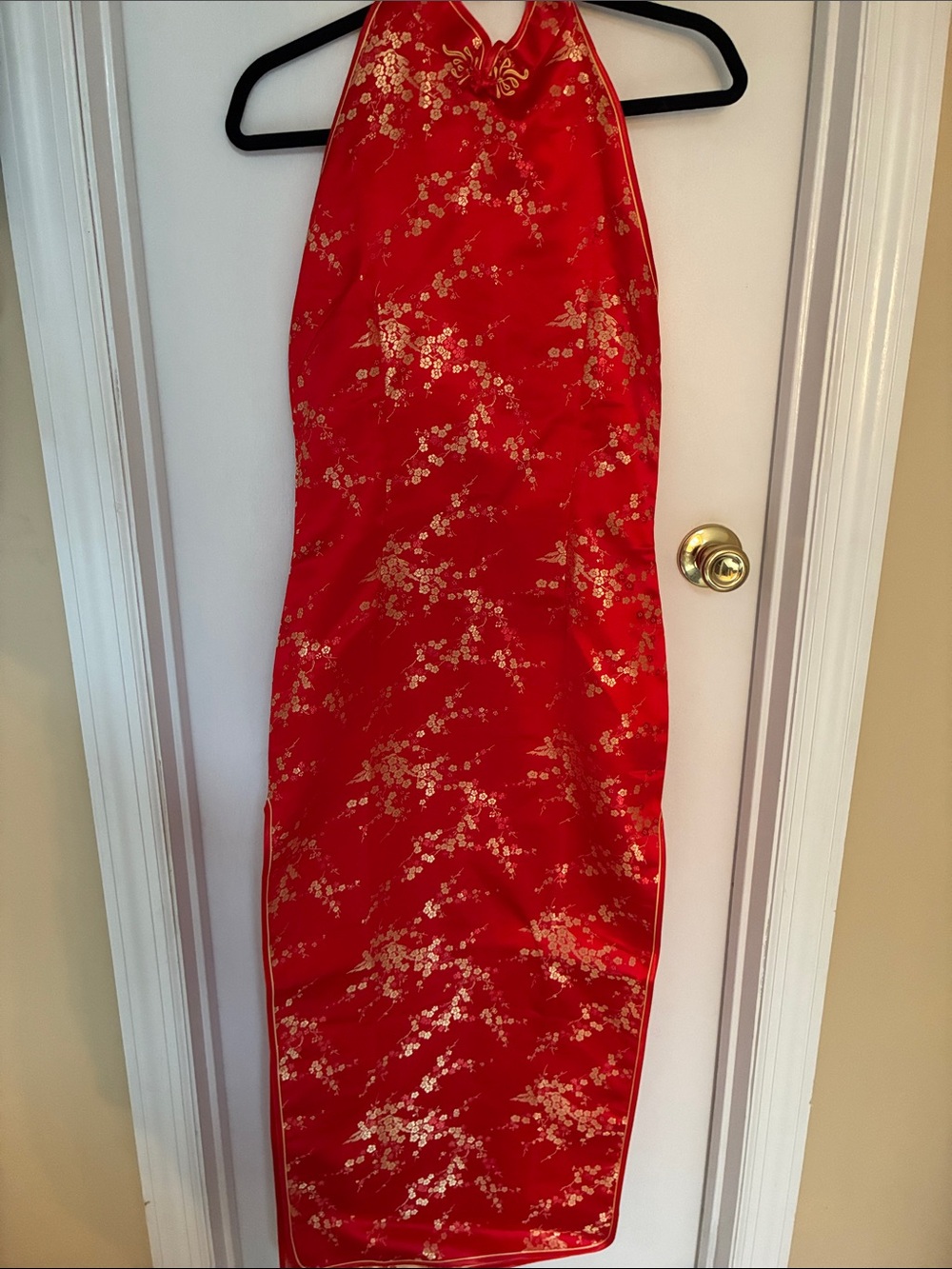 Red Floral Satin Cheongsam-Style Midi Skirt